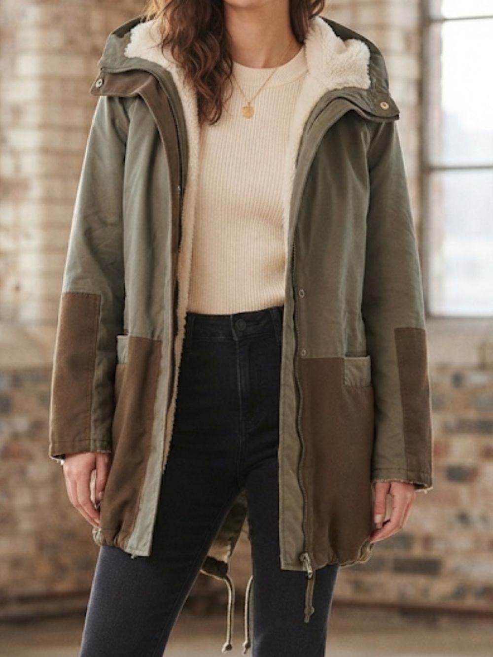 TOPSHOP Sherpa Lined Parka Jacket Olive Green Size 2